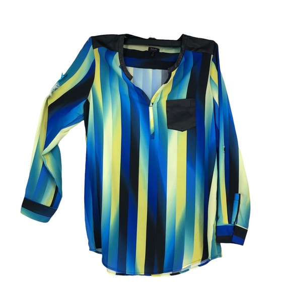 Rafaella Studio Blouse Sheer Multi-Colored Career Top w/Faux Leather Trim SZ L - Picture 1 of 7